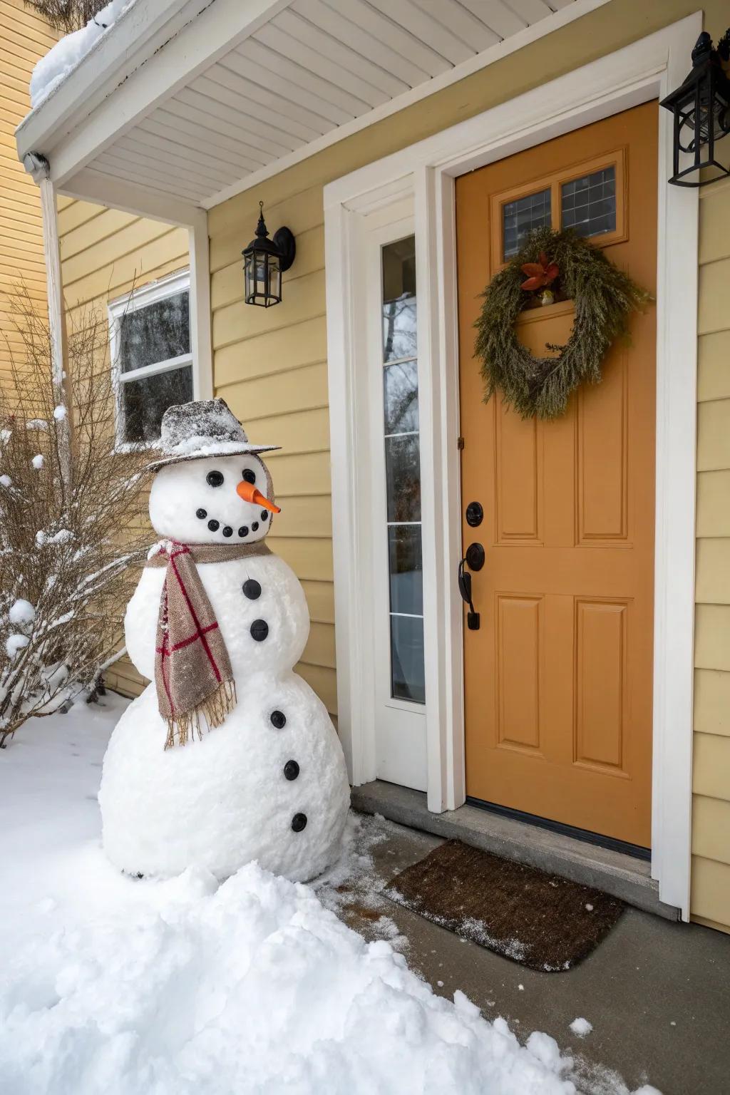 A playful snow figure adds a fun holiday touch.