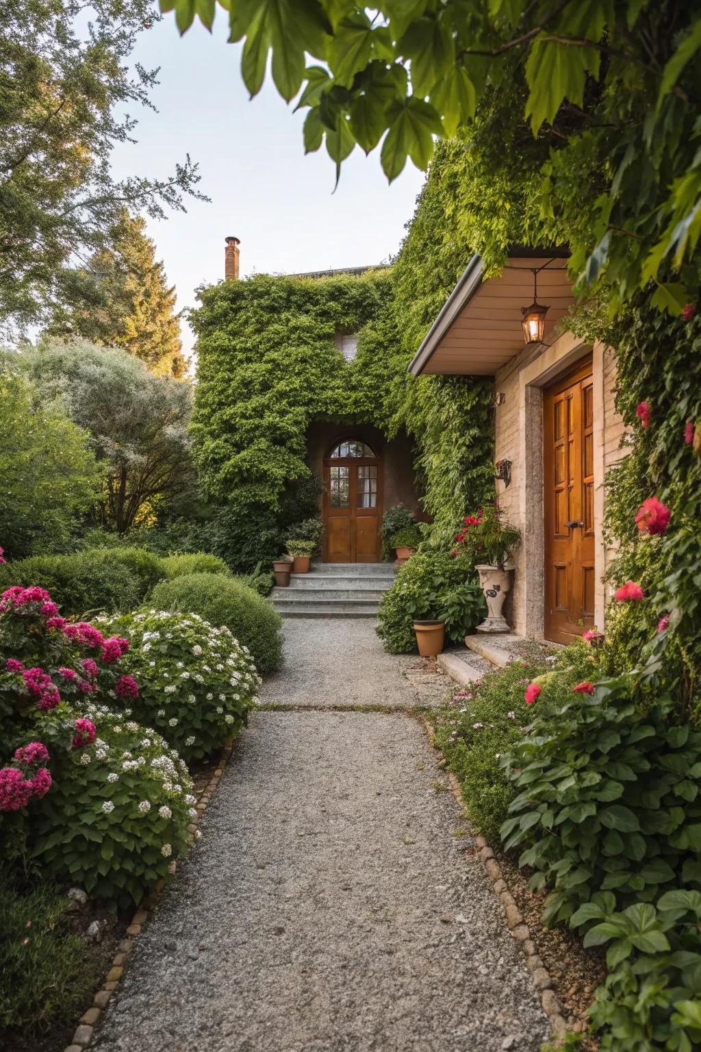 Gravel pathways inject rustic charm and a sensory experience.