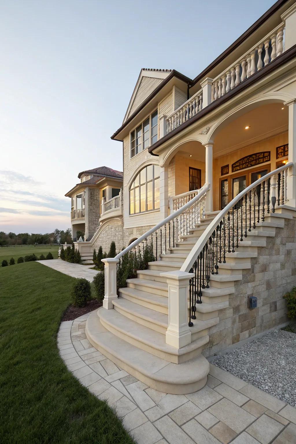 A staircase enhances the majestic appeal of the entrance.