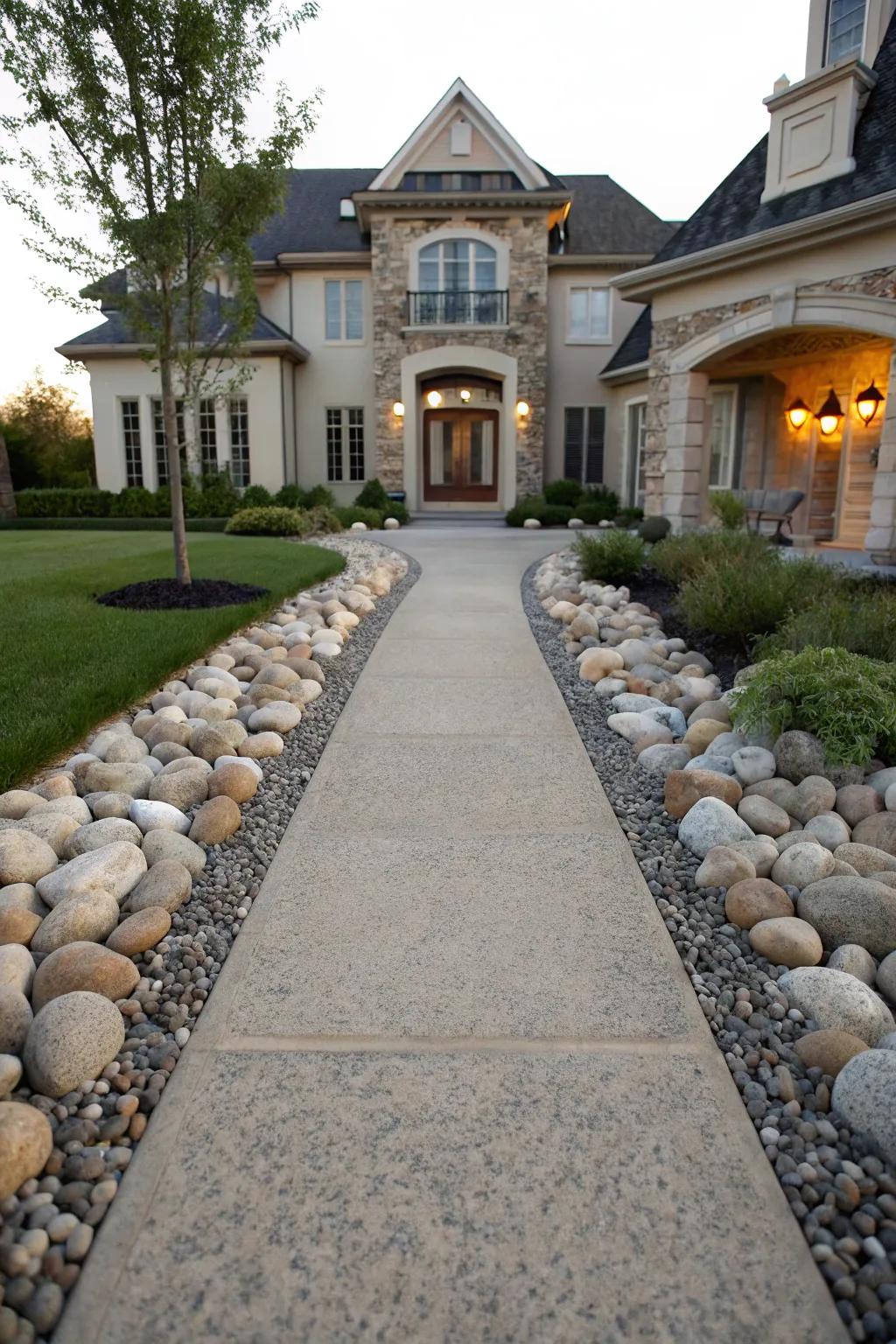 Stones splendidly frame a driveway.