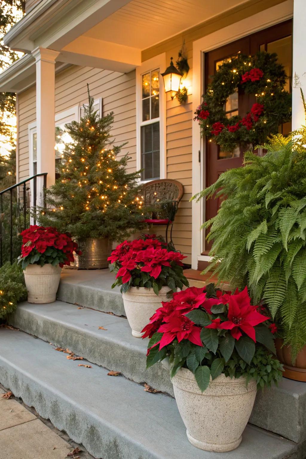 Potted herbs add bright holiday hue to your porch.