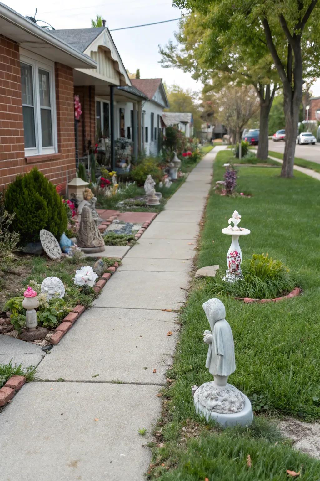 Garden art adds personality and character to a front yard.