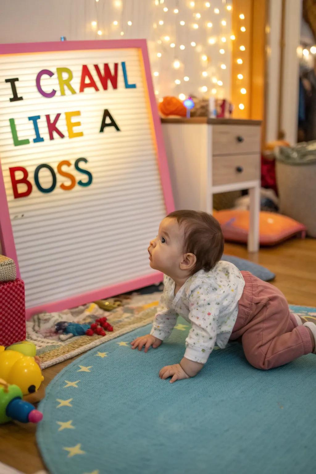 Celebrating baby’s crawling milestone with humor.