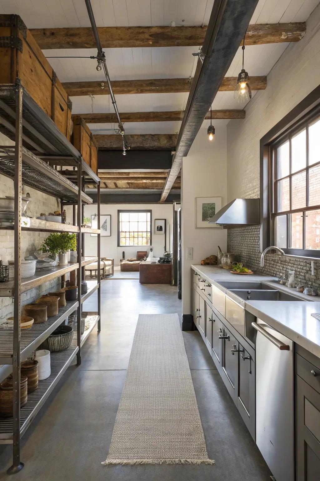 Industrial elements bring a modern and edgy vibe to the design.