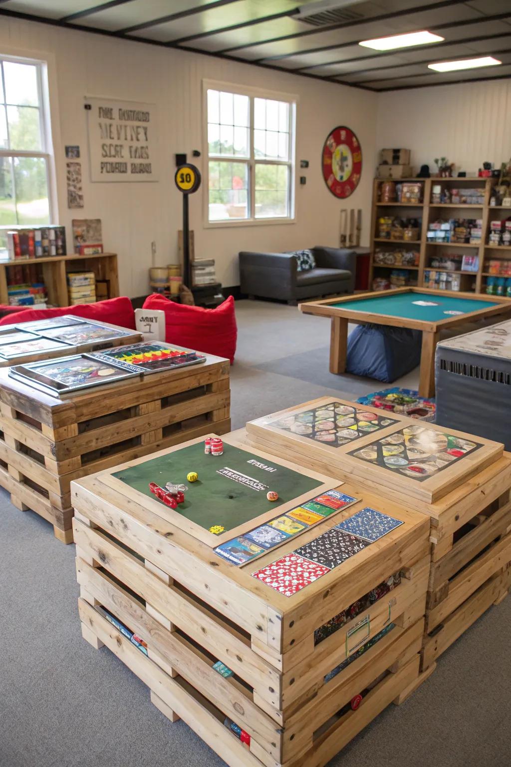 Pallet tables offer rustic style and practicality.