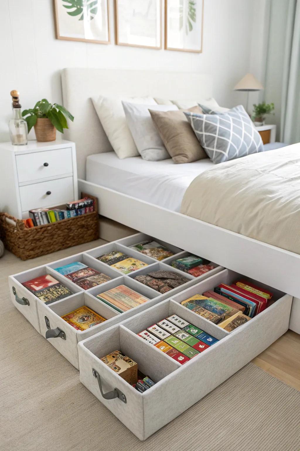 Under-sofa storage offers a resourceful means of saving space.
