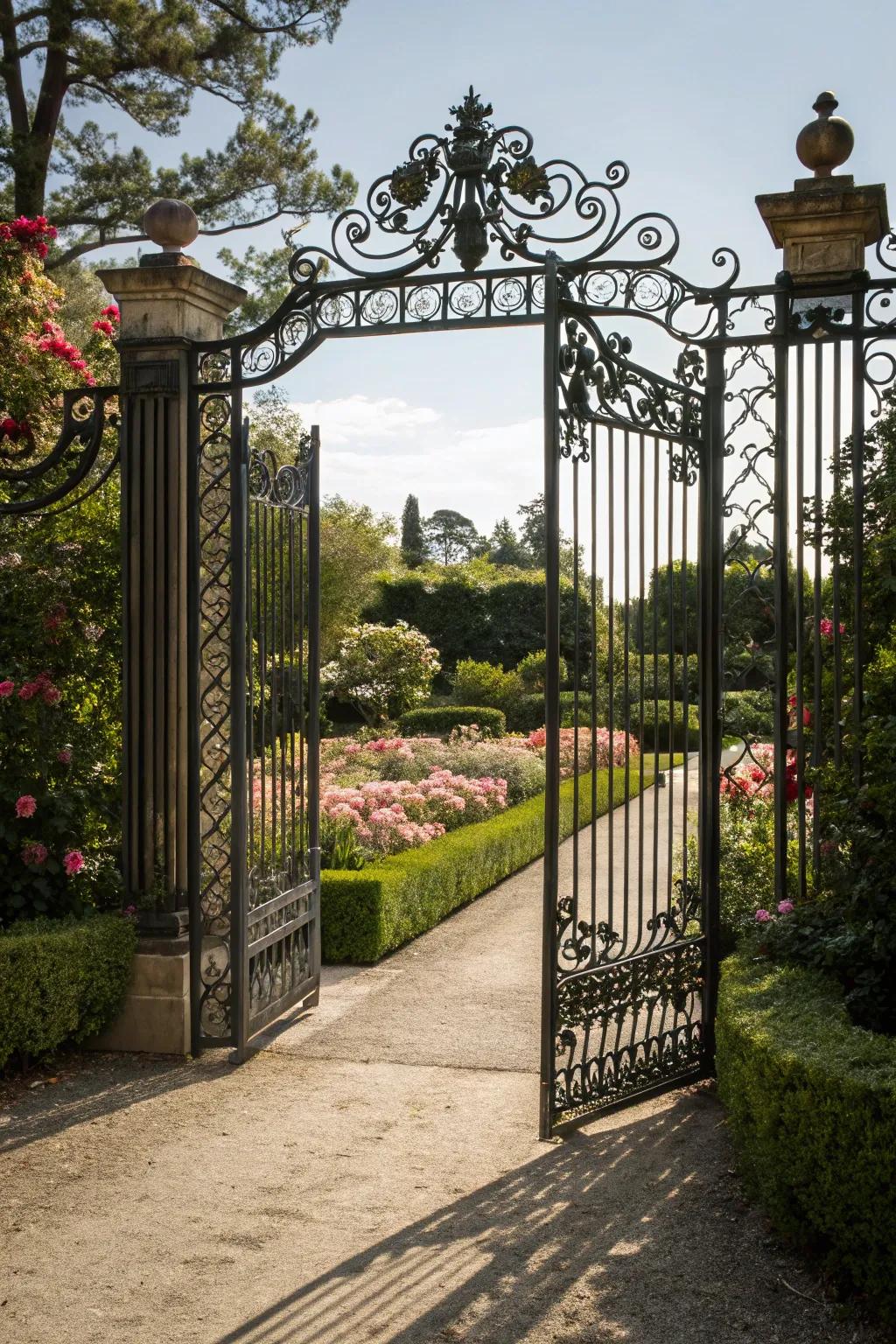 Wrought iron gate coalesces grace with ageless sturdiness.