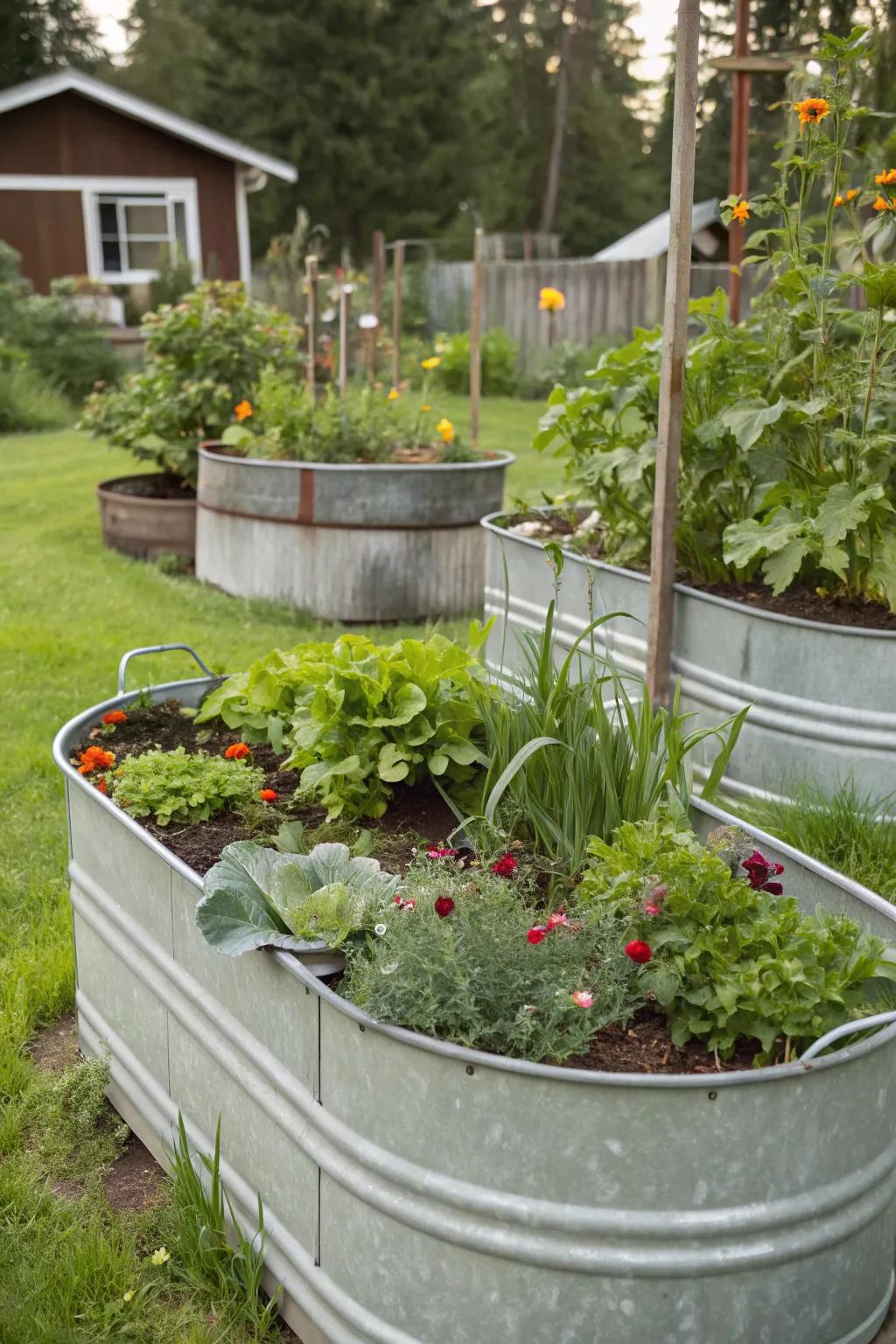 Stock containers repurposed as elevated garden beds.