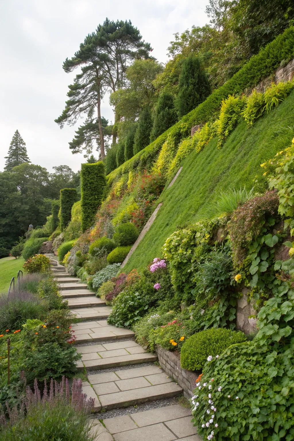 Flourishing walls instill vertical verdure and loveliness to sloping gardens.