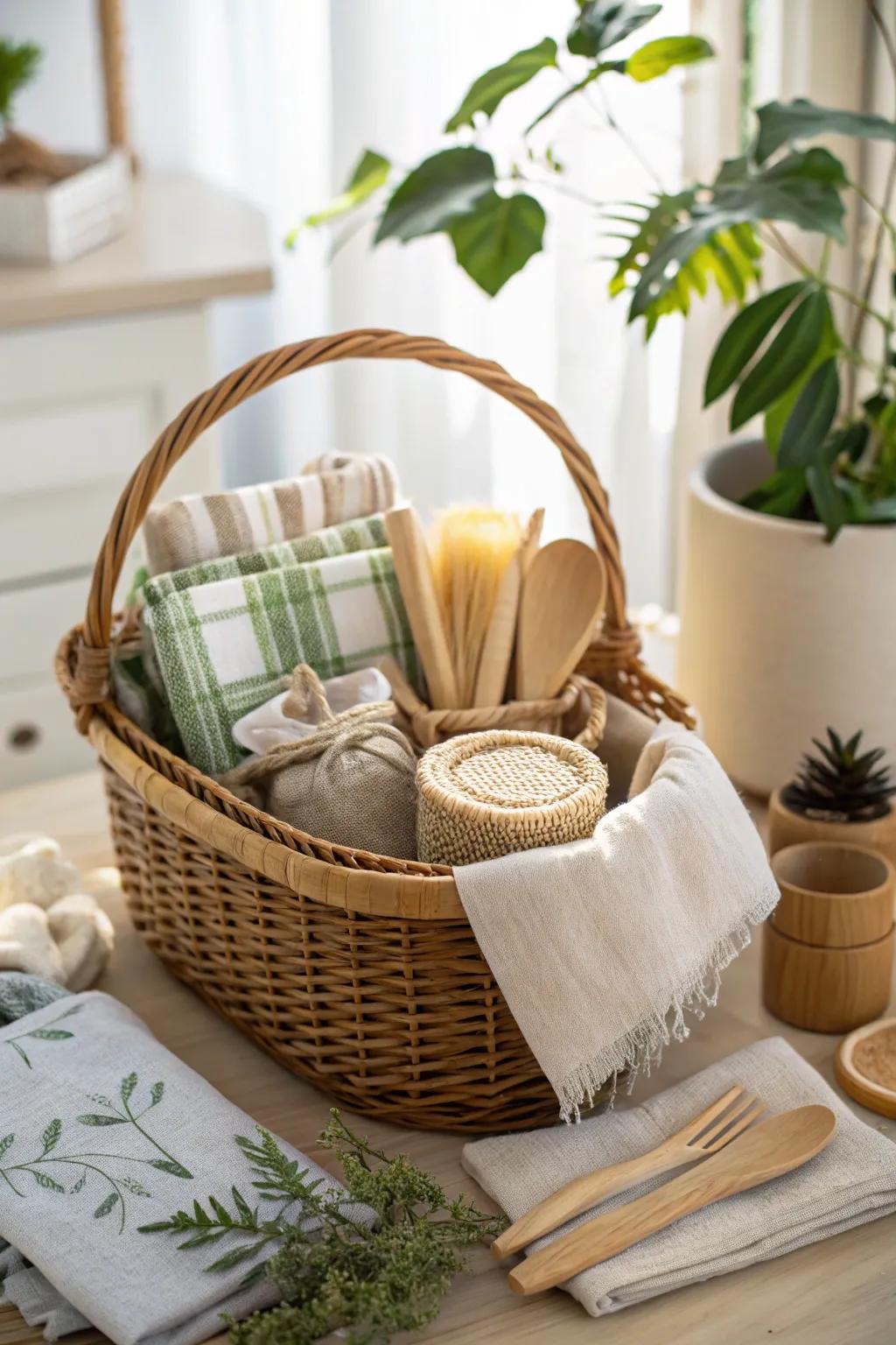 An eco-conscious gift basket exhibiting sustainable refinement.