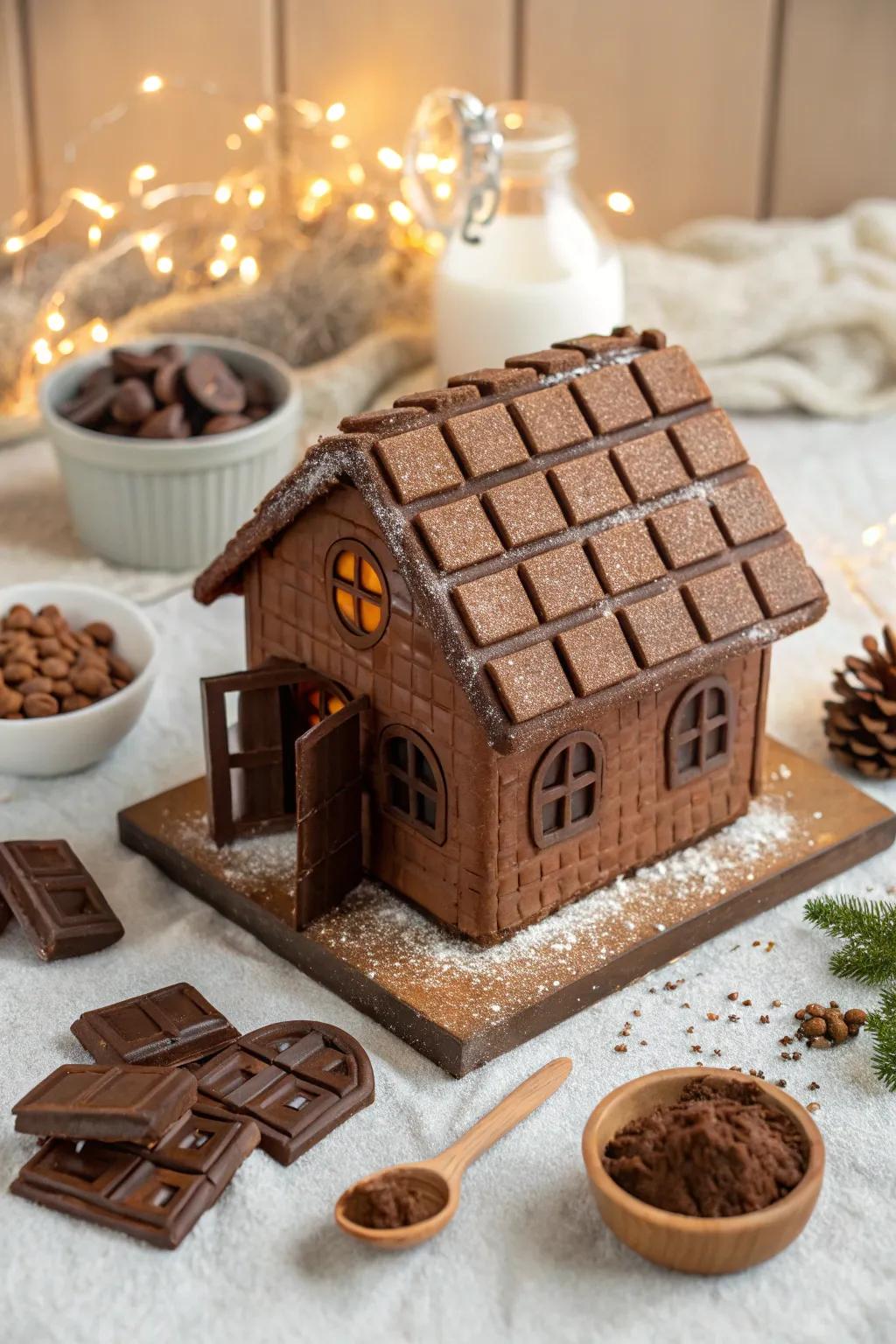 A gingerbread peak featuring cocoa plank bricks.