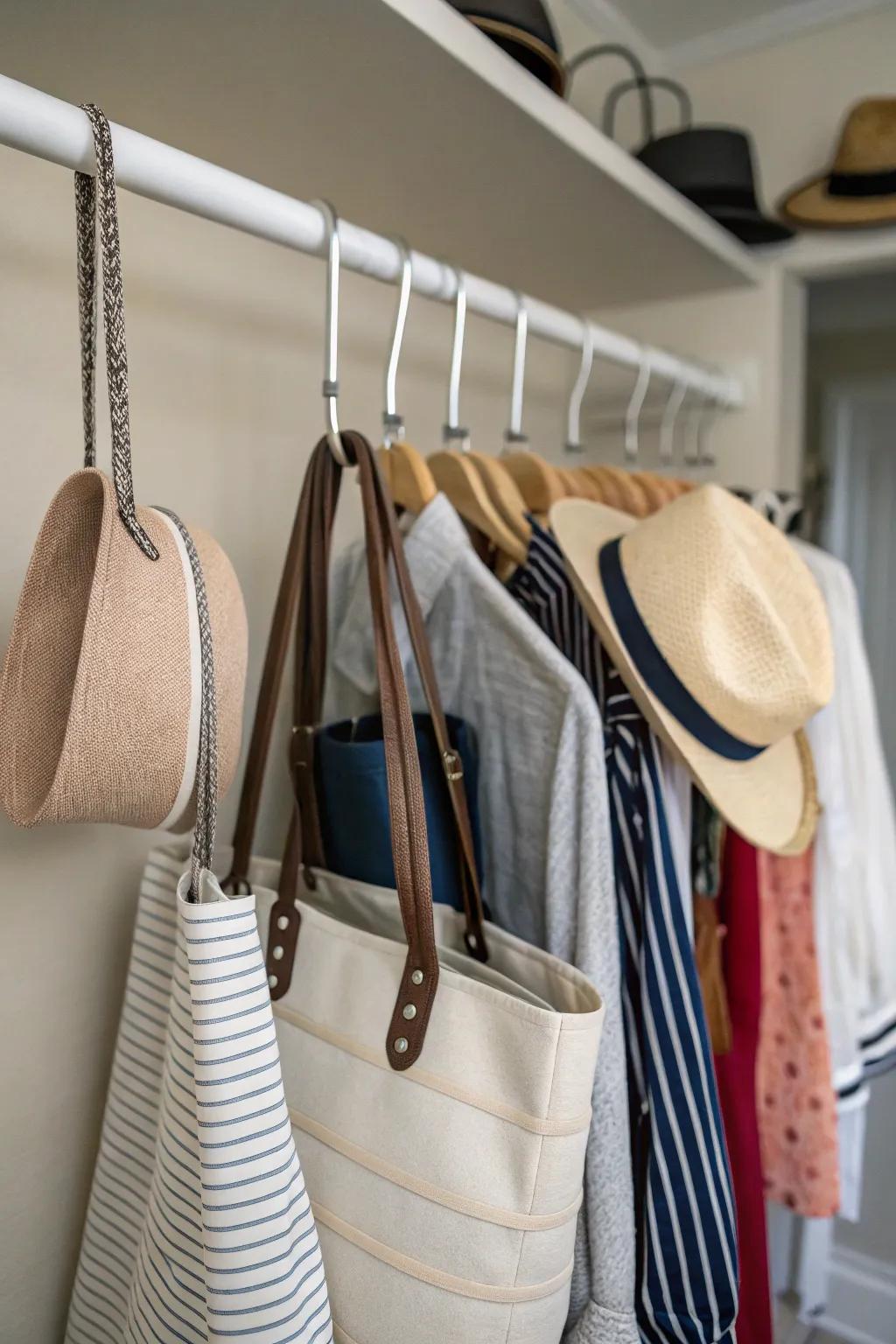 S-hooks streamline arrangement and accessibility of accessories.