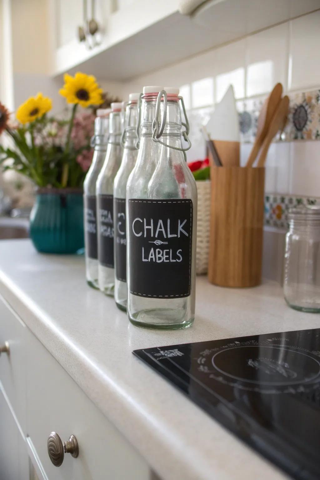 Slate labeled bottles adding fashionable organization.