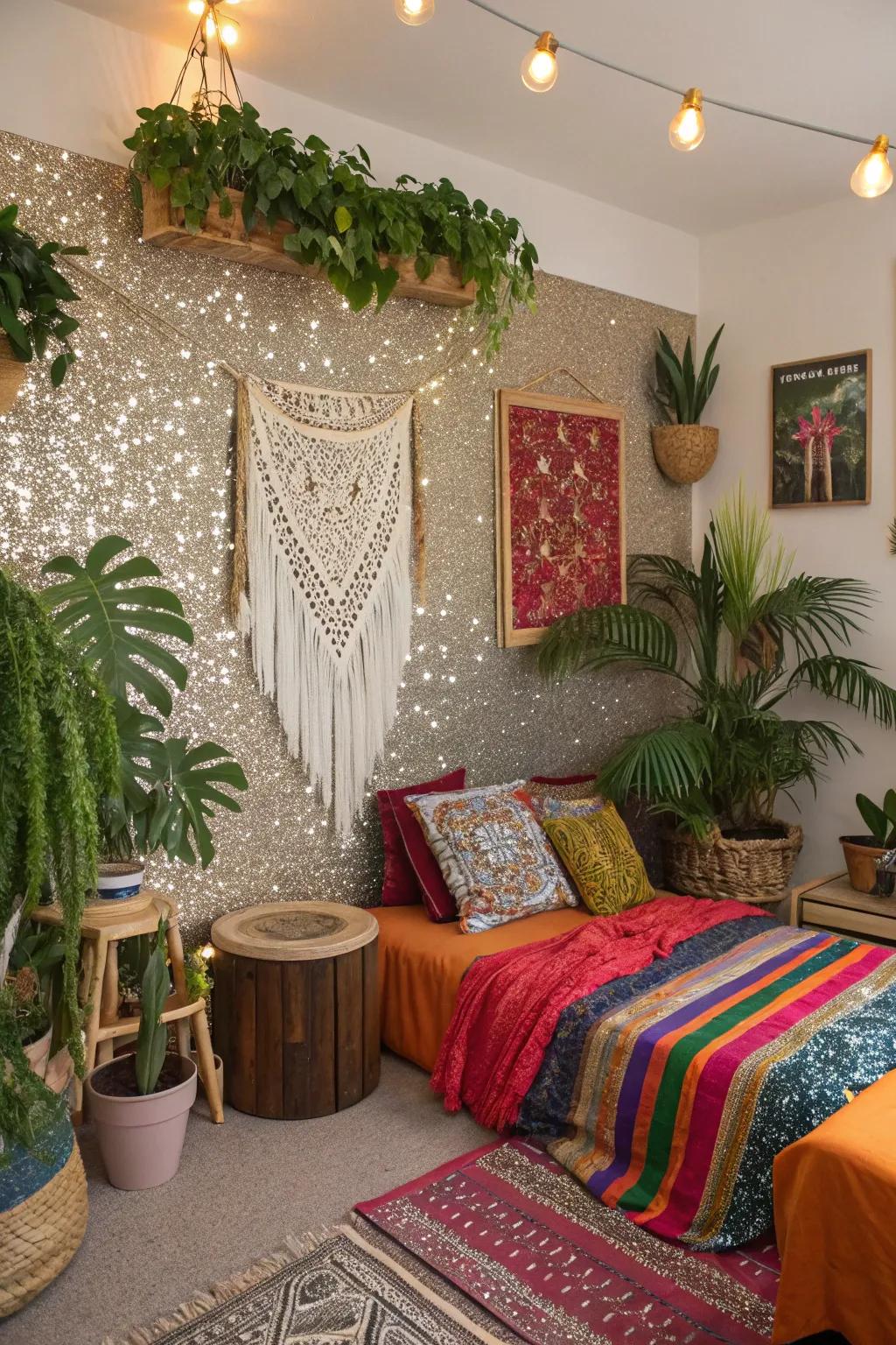A <strong><em>glitter accent wall</em></strong> contributes to a varied boho mood.” loading=”lazy” class=”pimg”>
	</picture><figcaption>A <strong><em>glitter accent wall</em></strong> contributes to a varied boho mood.</figcaption></figure>
<p>Merge <strong><em>glitter walls</em></strong> with bohemian accents for an eclectic appearance. I once decorated a space similarly, and it became a boho-chic aspiration come true.</p>
<h3>May just do the trick:</h3>
<ul class=