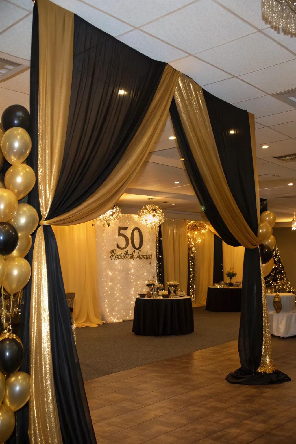 Drapes with black and gold add richness and spectacular flair to any scene.