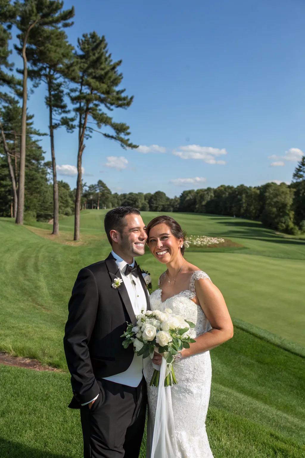 A couple poses for breathtaking ceremony portraits on a beautiful golf layout.