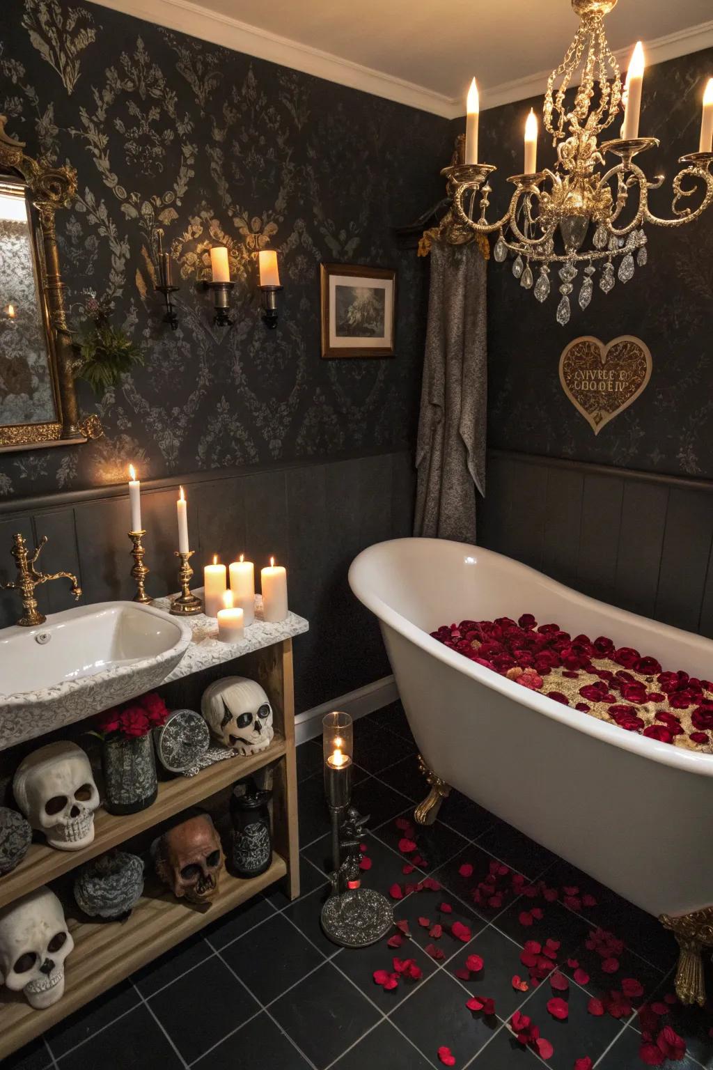 Gothic accessories inject personality and style to the bathroom.