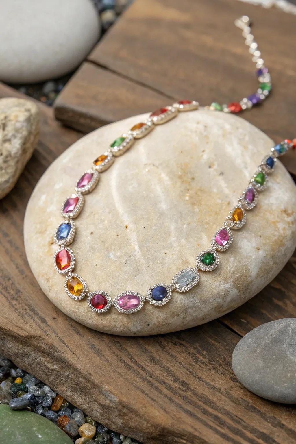 A vibrant necklace showcasing multi-colored gemstone embellishments.