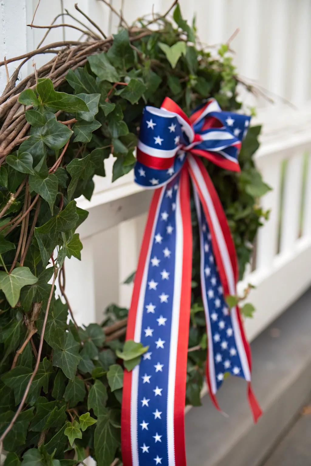 A patriotic-themed natural fiber wreath featuring national colors.