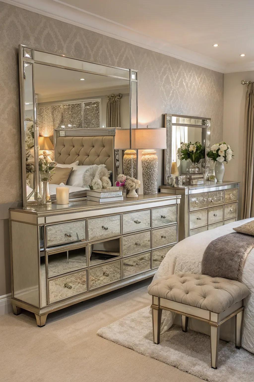 Mirrored furnishings contribute panache and reflect illumination beautifully.