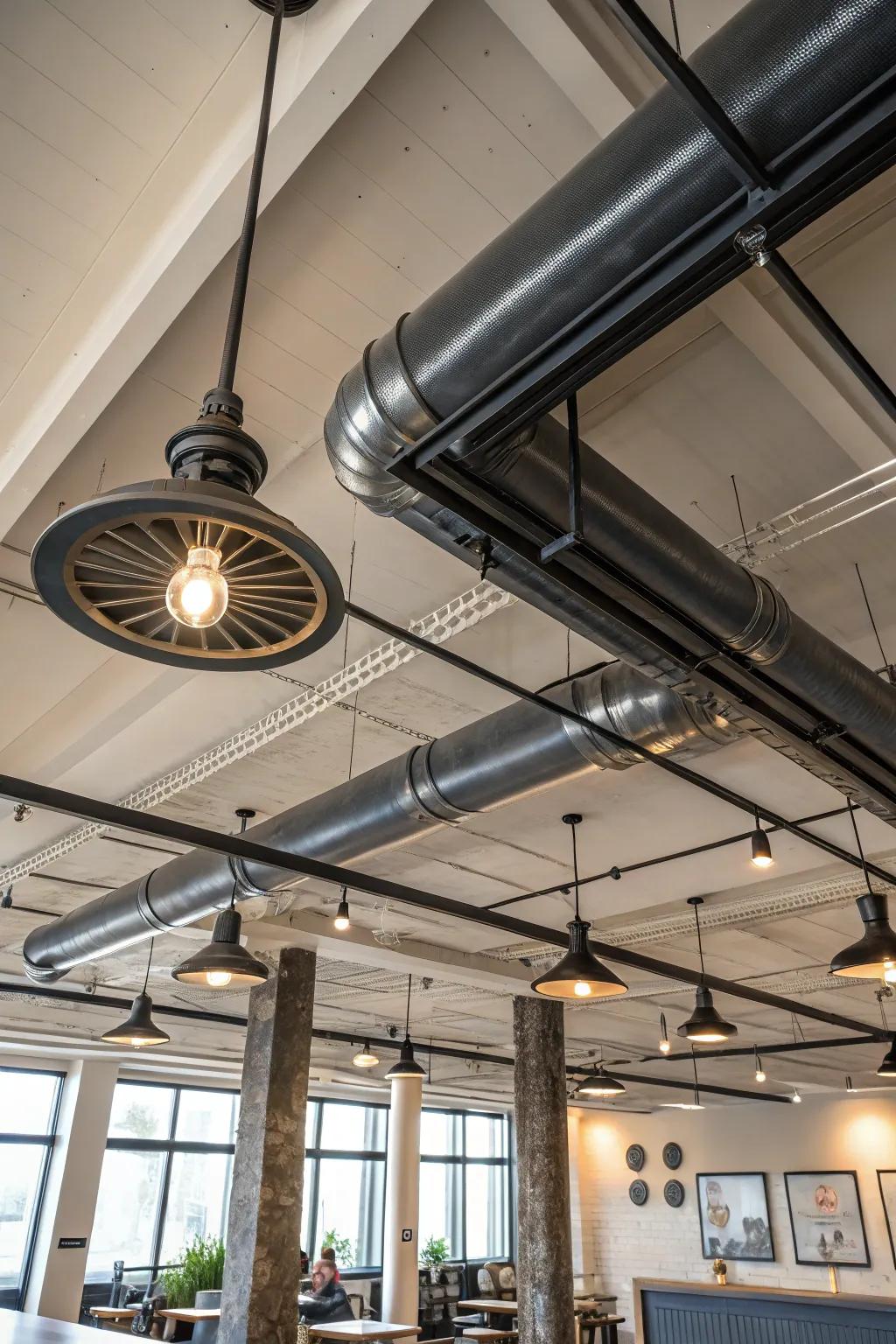 Metallic accents contribute an industrial periphery to ceiling blueprints.
