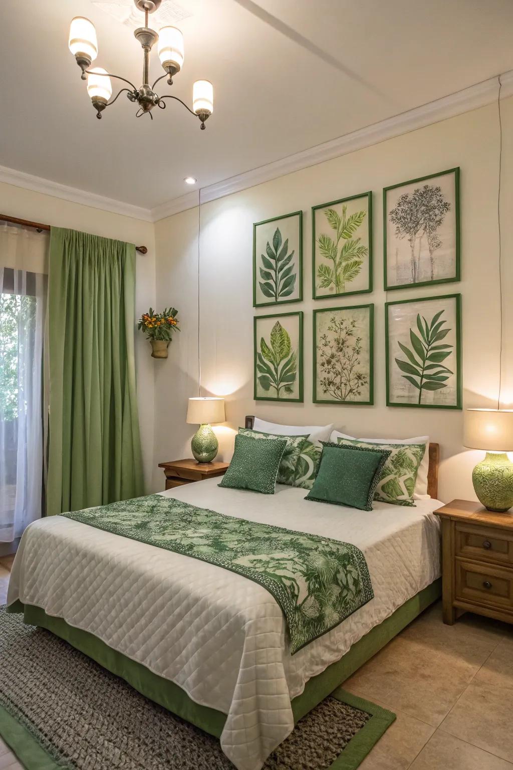 Green art pieces add a creative and personal stamp to this stylish bedroom.