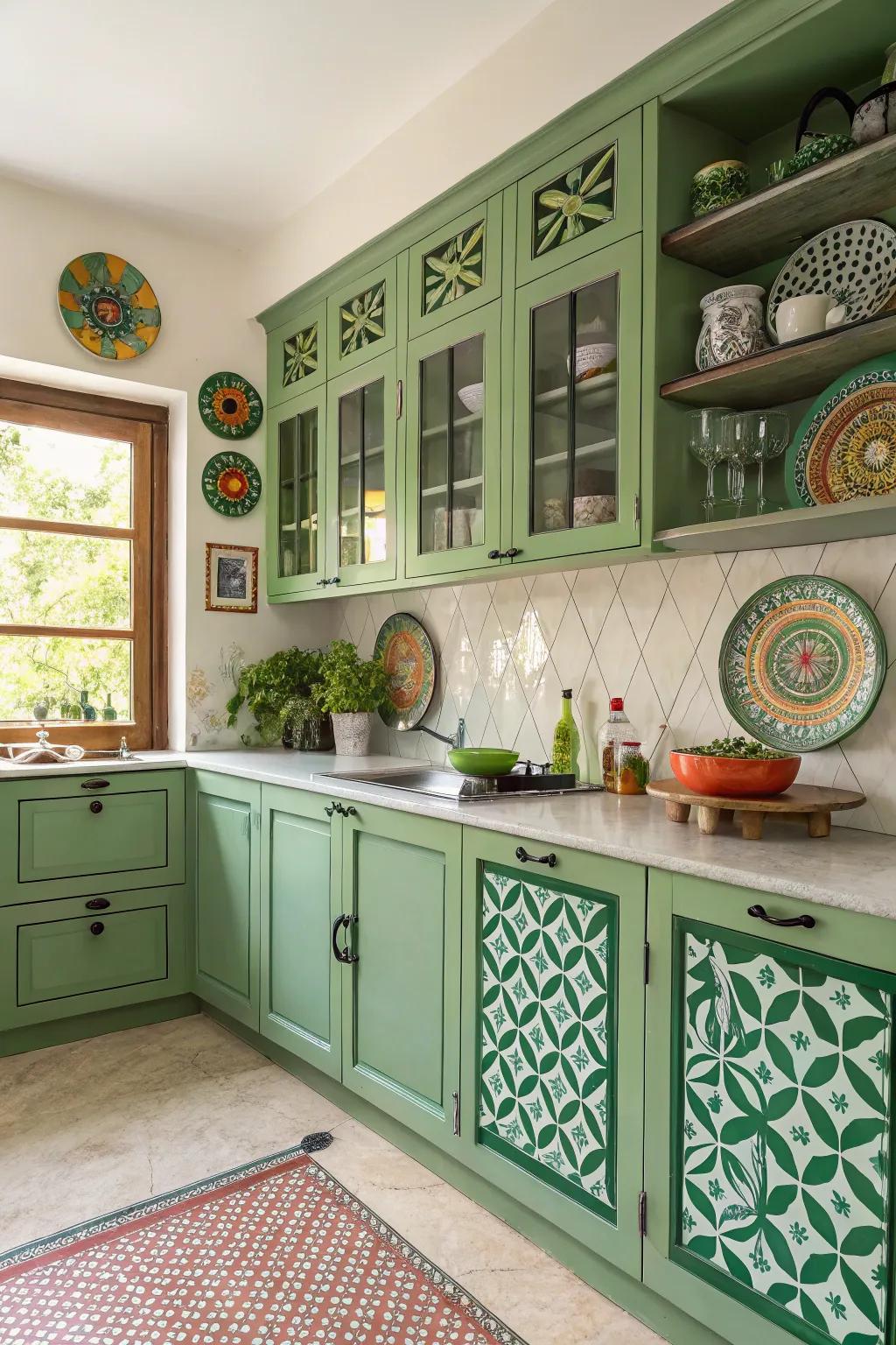 Artistic culinary space featuring bold geometric patterned green cabinets.