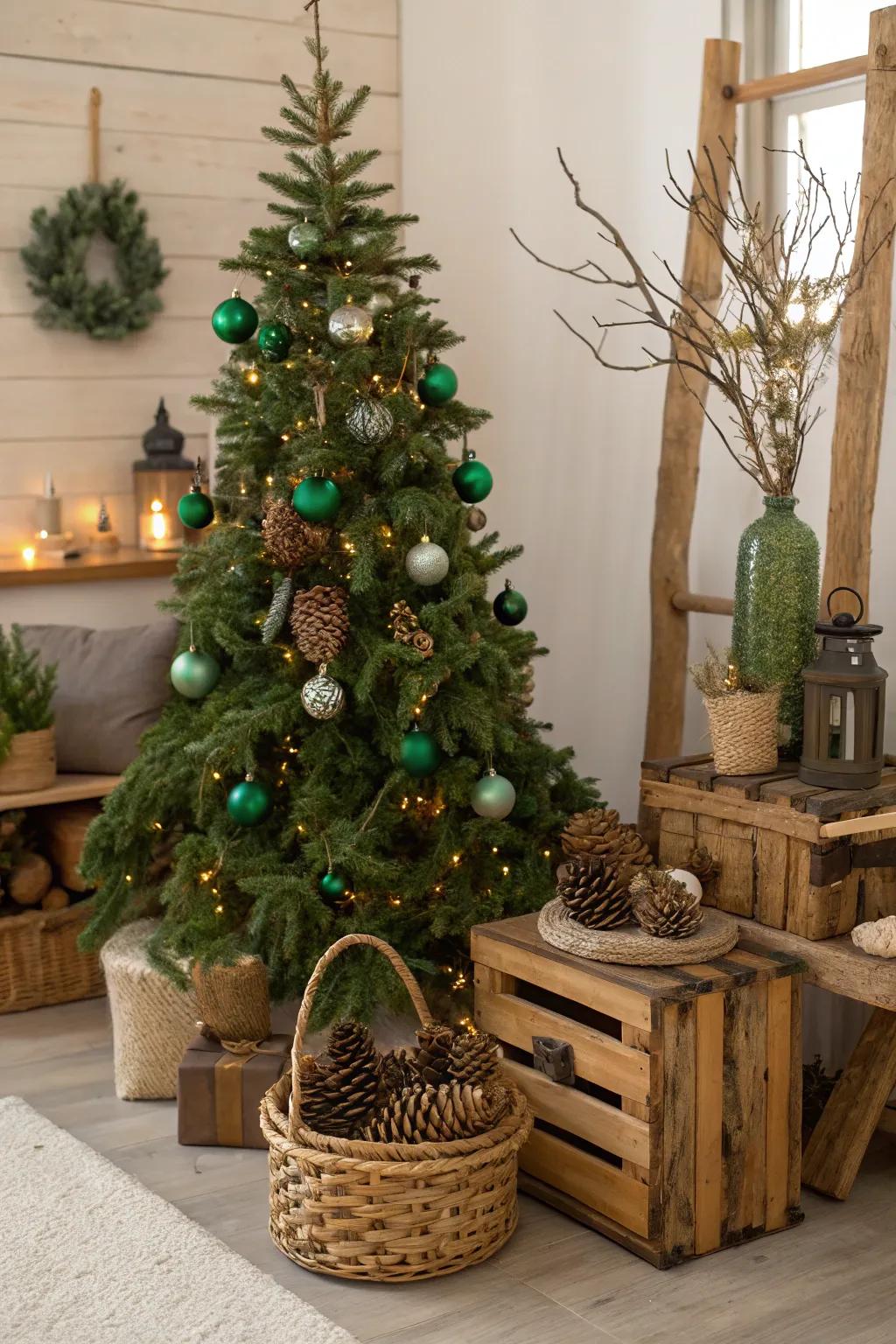 Woodland charm with green and wood elements.