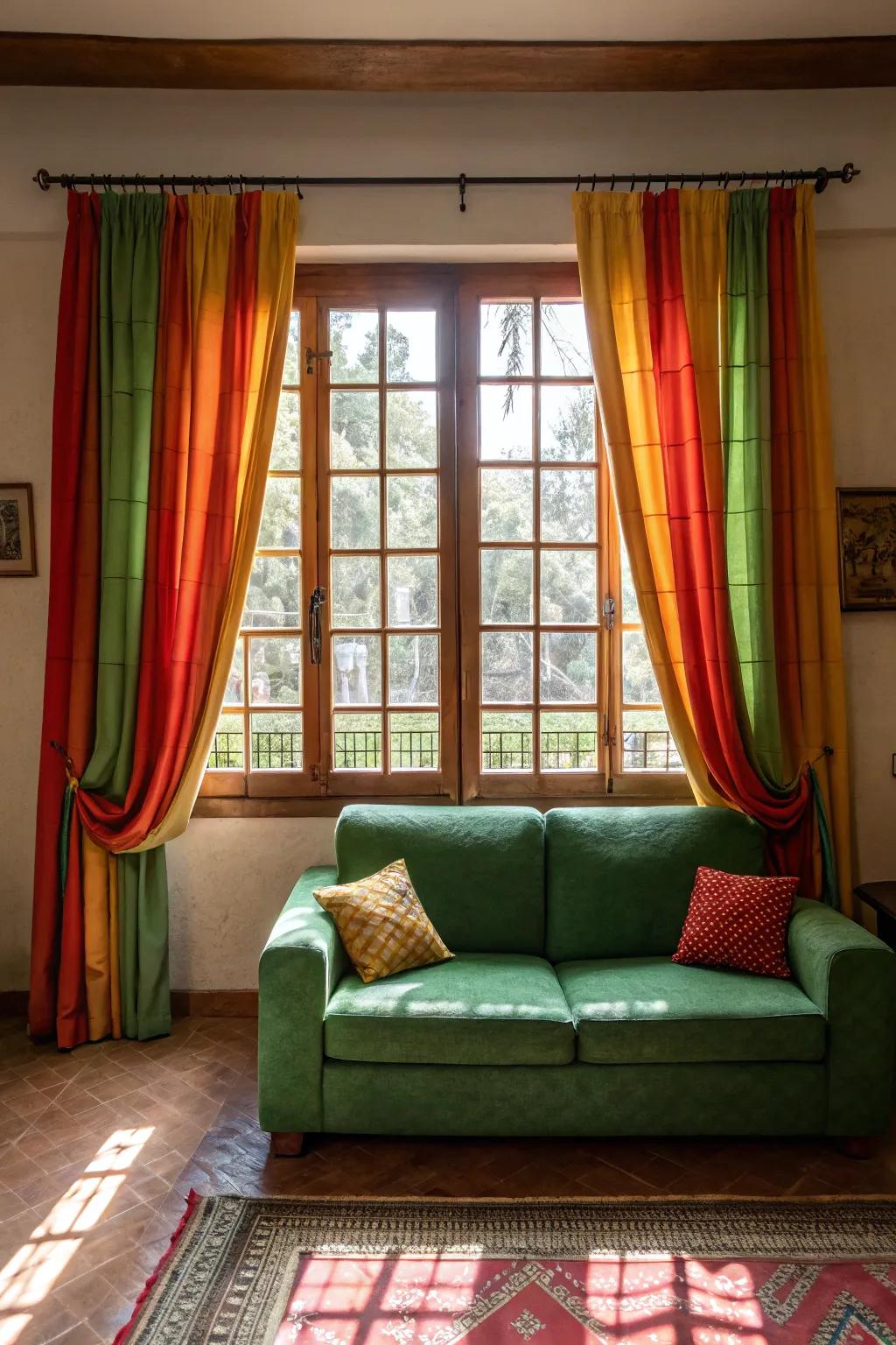 Striking drapes fashion a dramatic and attention-grabbing outcome in a chamber with an emerald sofa.