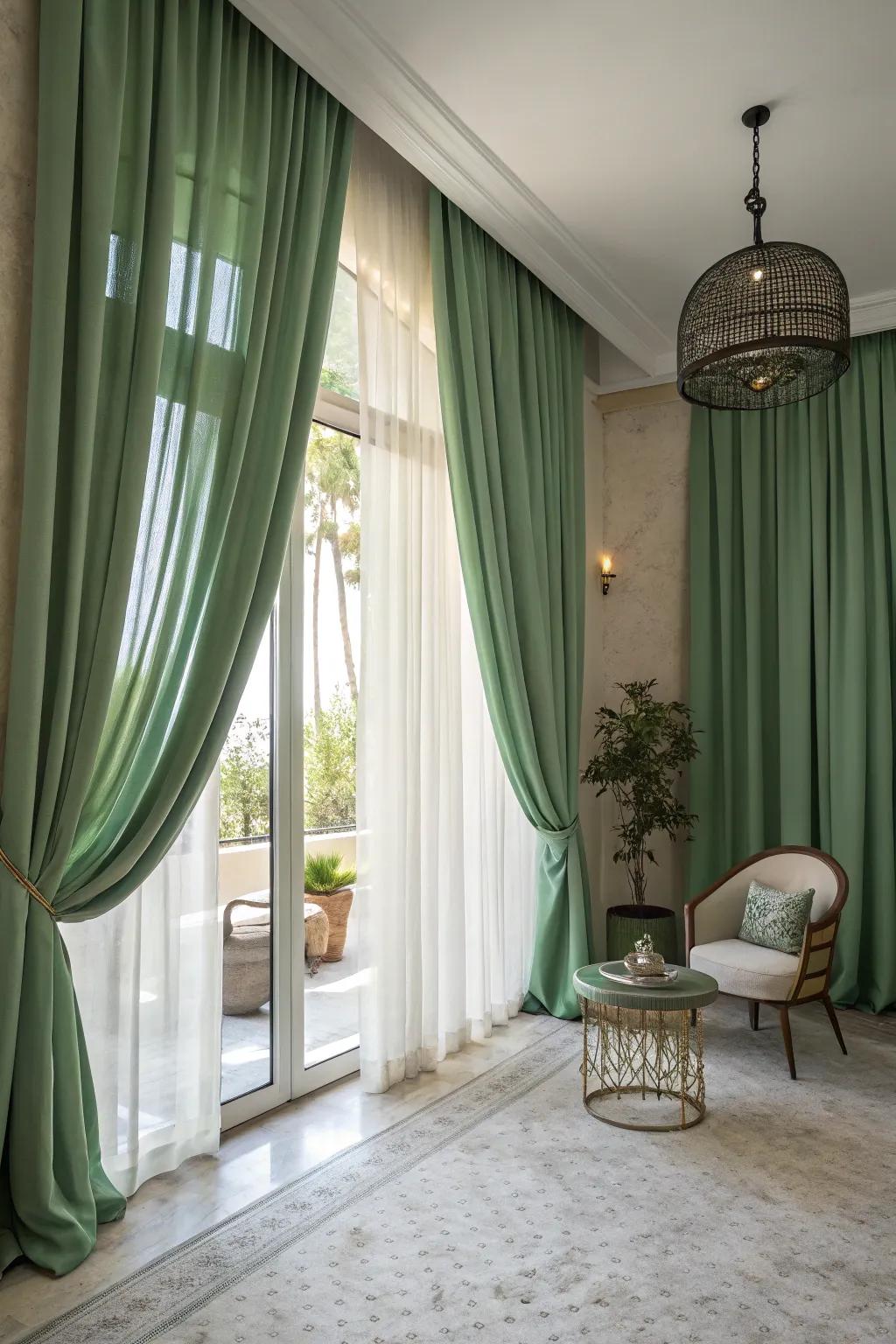 Green curtains add elegance and gently filter light.
