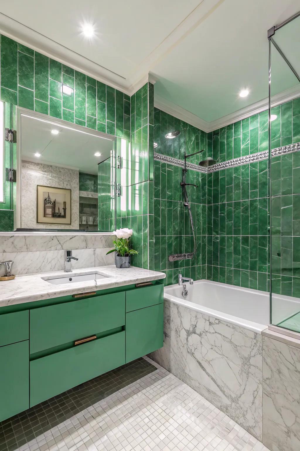 A luxurious appearance is created when marble and <strong><em>green</em></strong> tiles are combined.” loading=”lazy” class=”pimg”>
	</picture><figcaption>A luxurious appearance is created when marble and <strong><em>green</em></strong> tiles are combined.</figcaption></figure>
<p>When paired with <strong><em>green</em></strong> tiles, marble can give your bathroom a high-end, opulent sense. Those seeking a hint of glitz always choose this combination.</p>
<h3>A few suggestions:</h3>
<ul class=