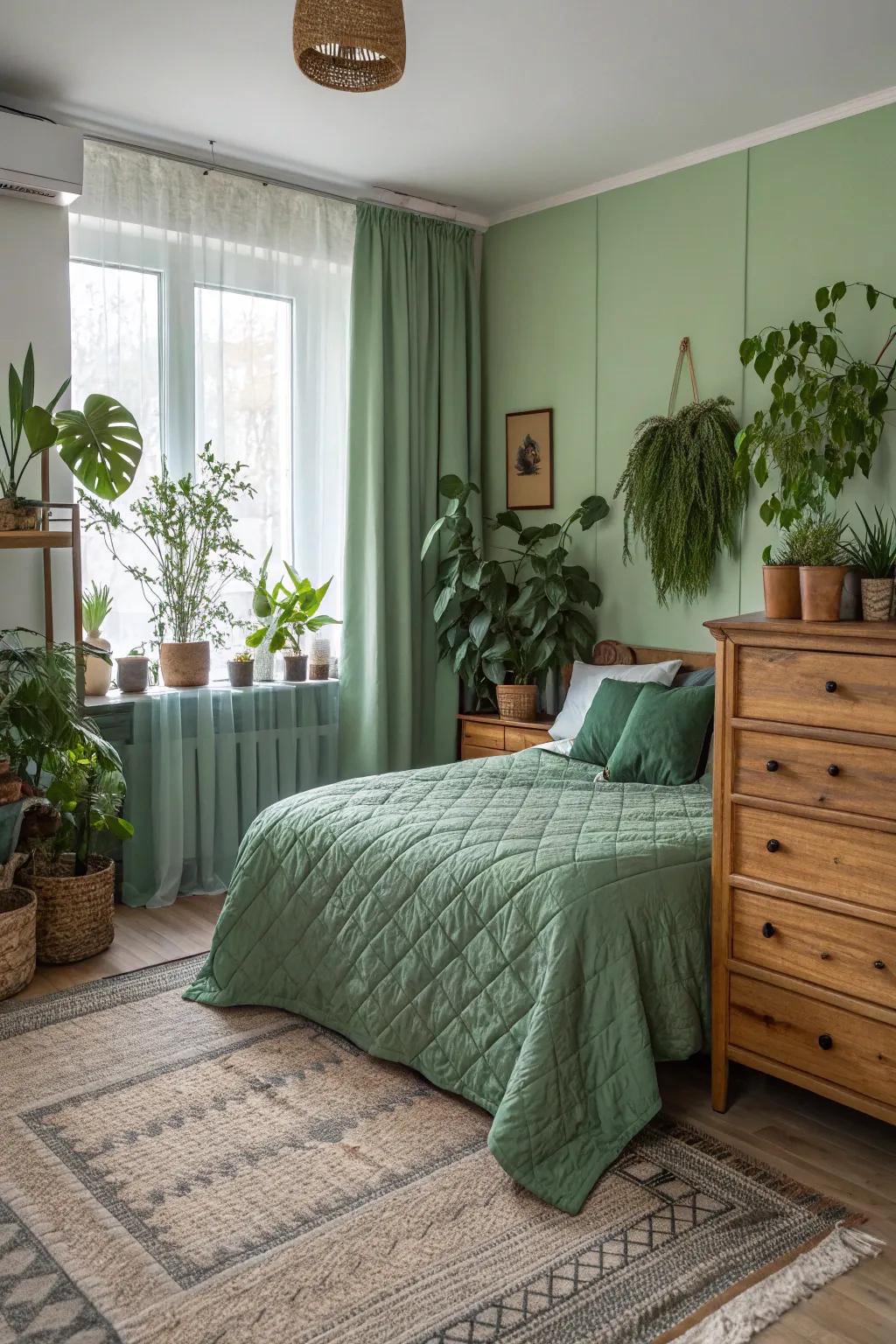 A calming bedroom with green elements and natural decor for a serene sensation.