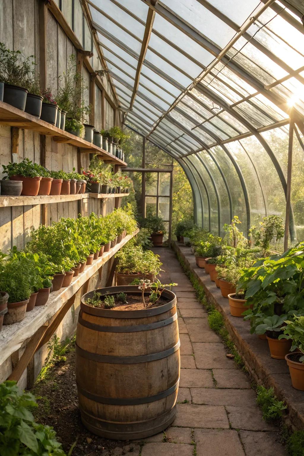 Rustic cask shelving merging charm and utility.