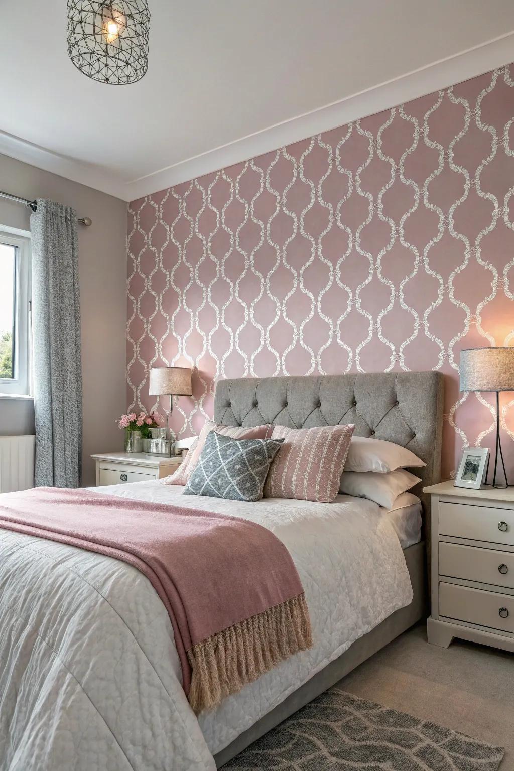 Pink and grey wallpaper makes a big impact as a stylish focal point.