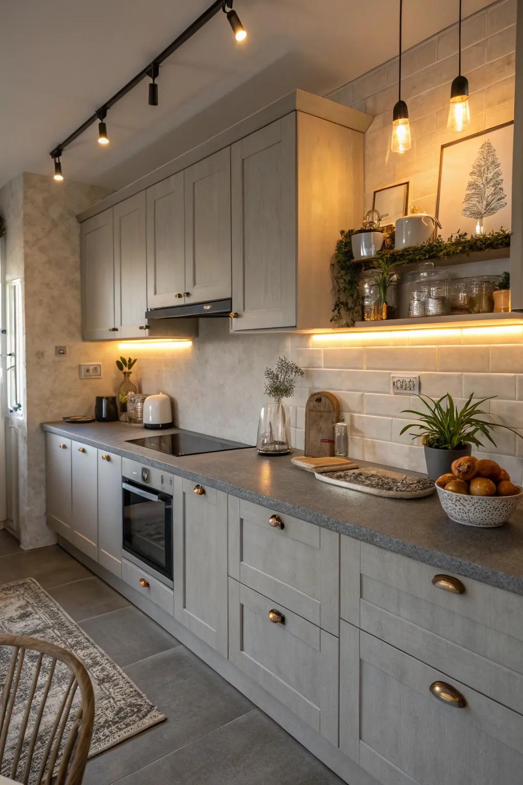 Inviting illumination heightens the elegance of grey surfaces.