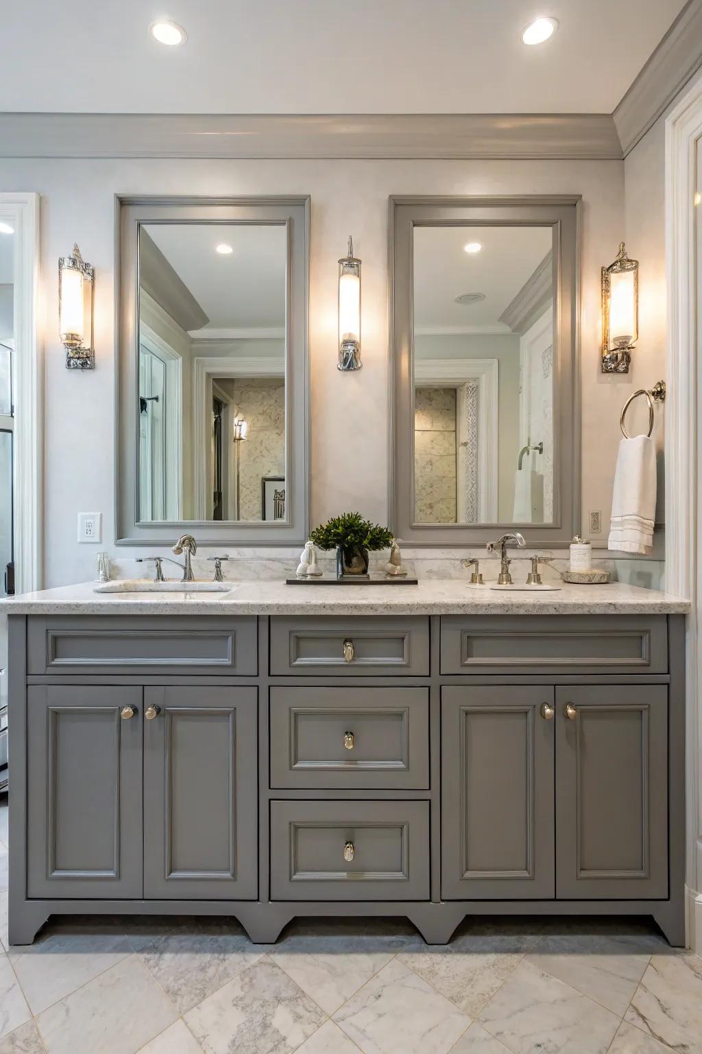 Balanced twin washstands supply harmony and panache in joint rooms.