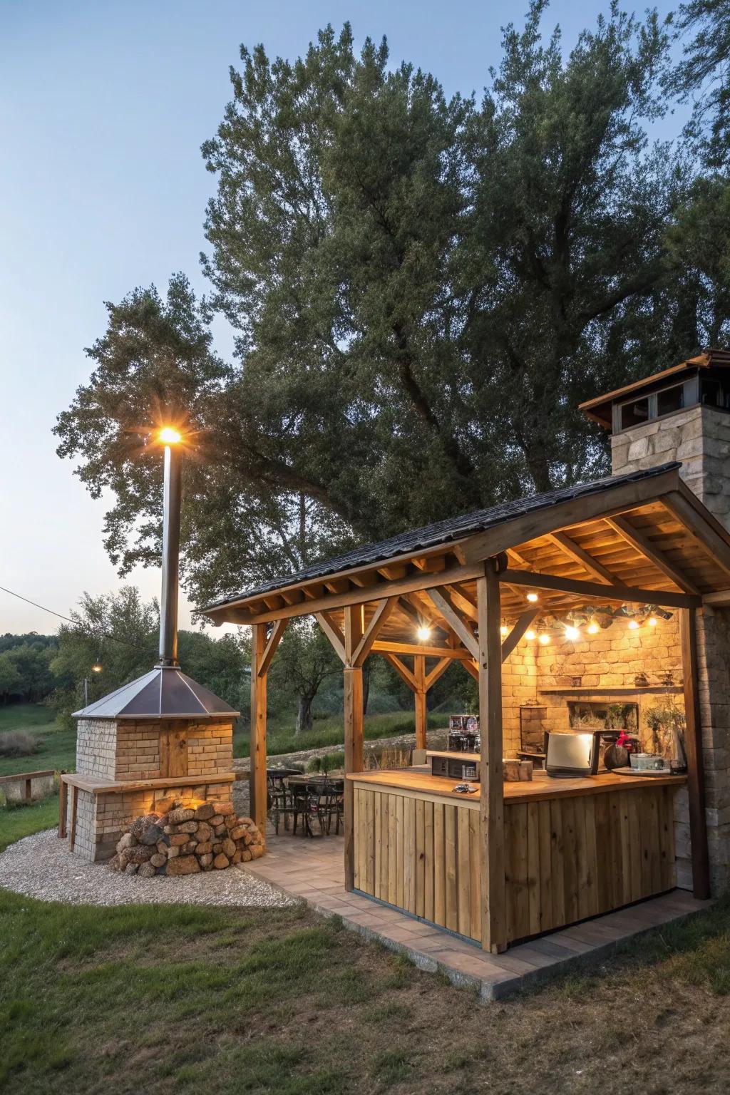 An eco-friendly barbecue shelter showcasing sustainable materials and solar-powered lights.