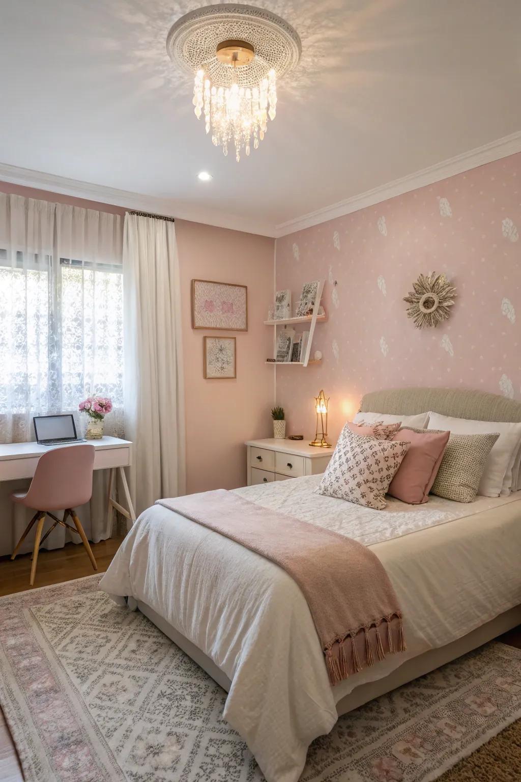 A guest room showcasing subtle blush pink for a gentle ambiance.