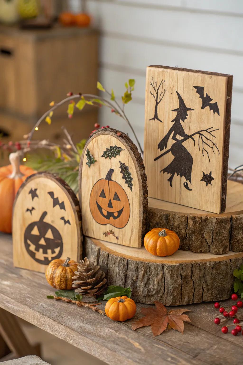 Down-to-earth timber boards bringing nature into Halloween decoration.