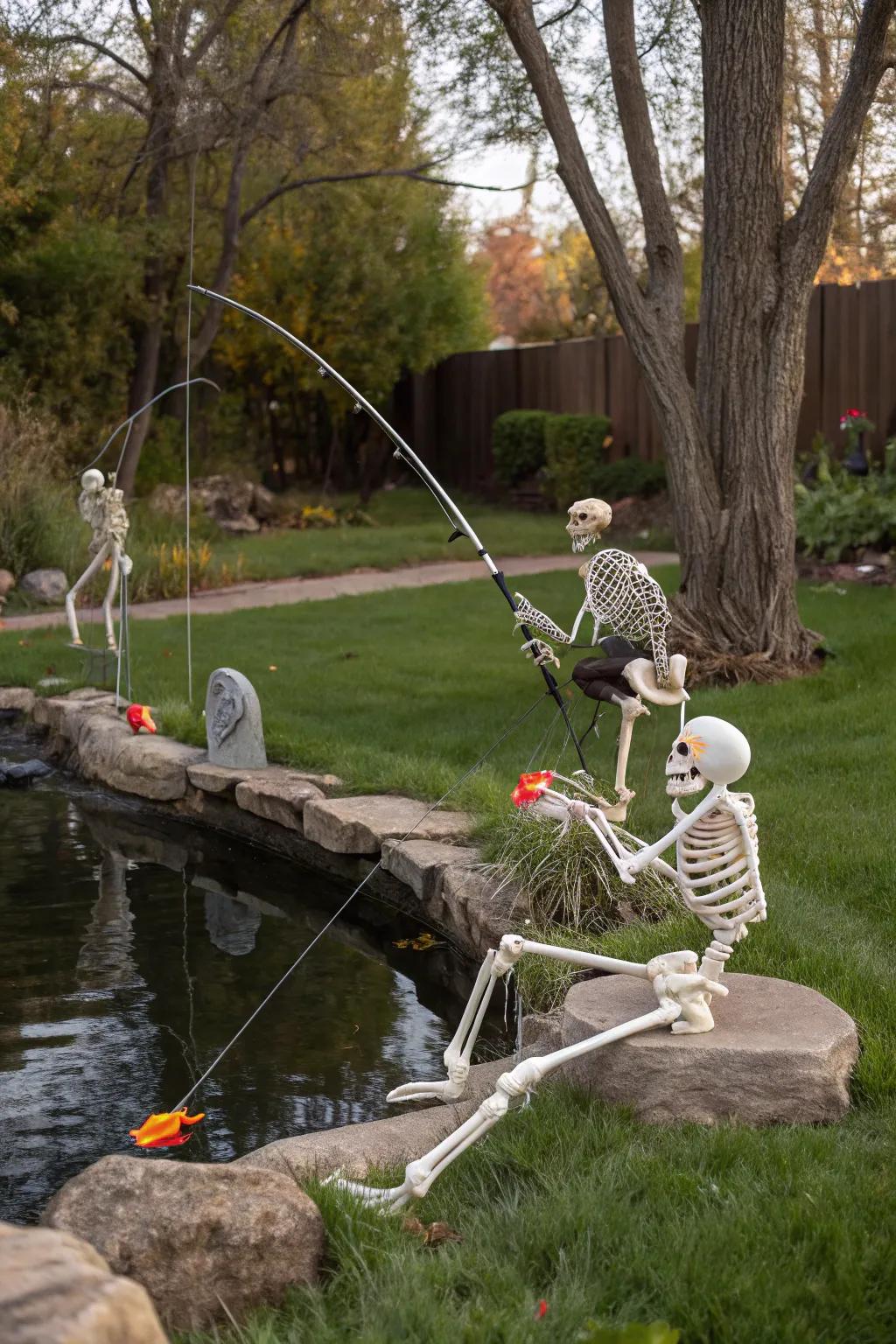 Angling skeletons offer a peaceful and humorous addition to your Halloween arrangement.