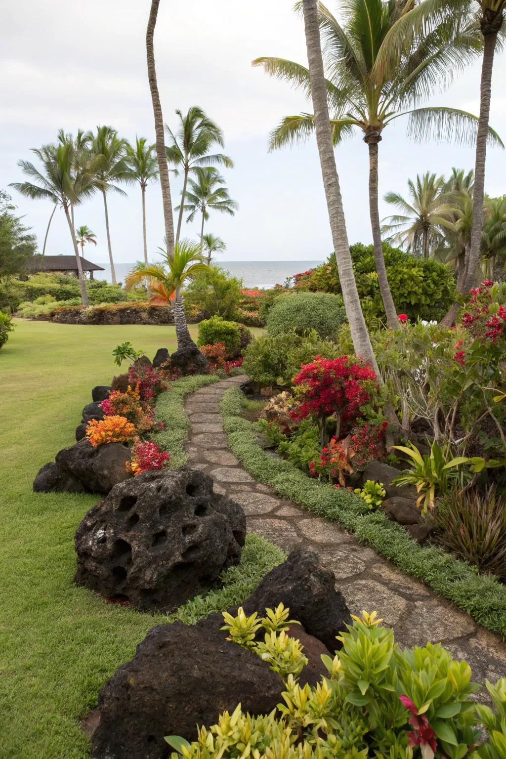 Igneous rock adds a dramatic and authentic Hawaiian touch.