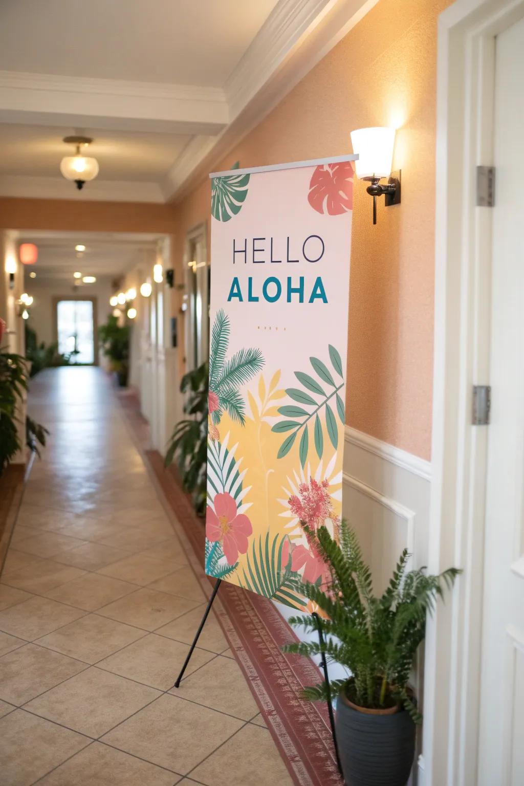 Wall decor with 'Hello Aloha' script providing a warm greeting in a hallway.