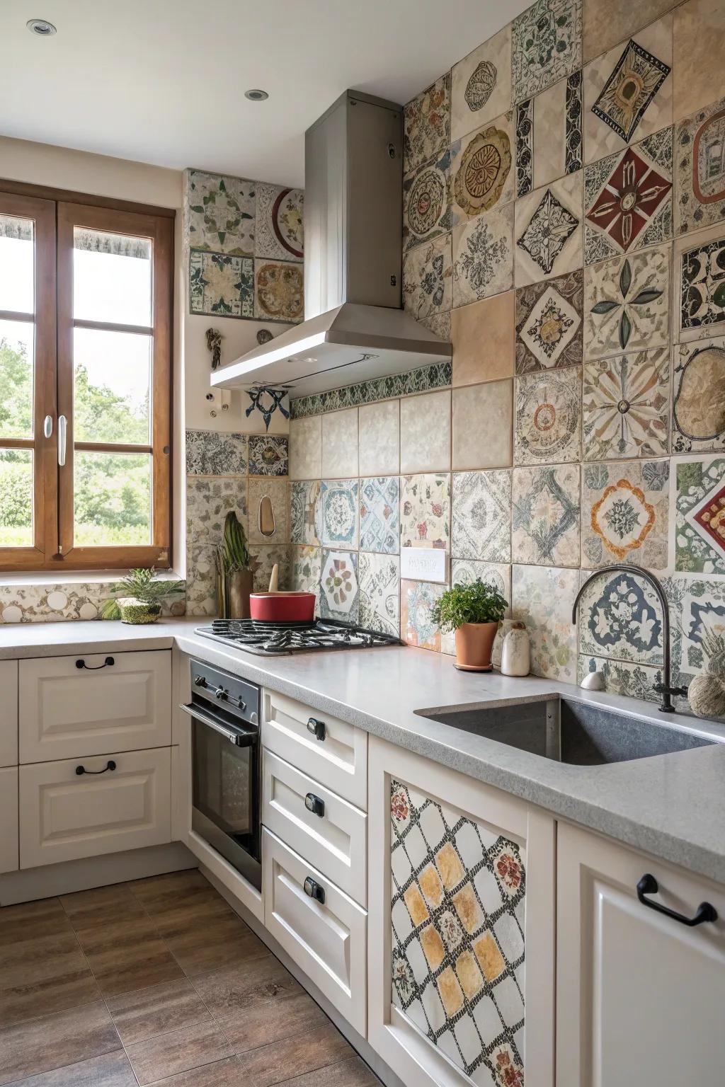 Eclectic tile assortment creates a one-of-a-kind backsplash.