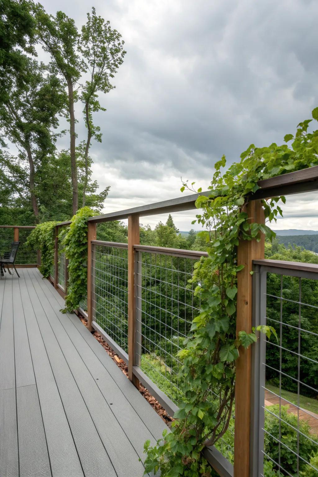 Vines on hog wire provide natural privacy and lush beauty.