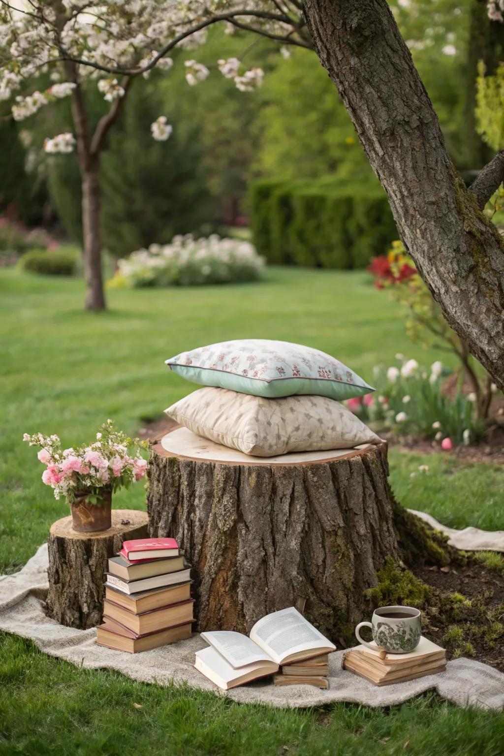 A tree base turns into a comfy reading retreat inside a garden.
