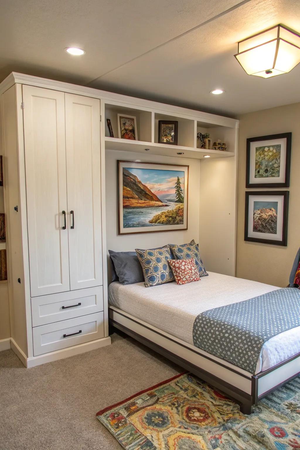 An imaginative foldaway bed featuring a hidden visual display, adding creative flair to the room.