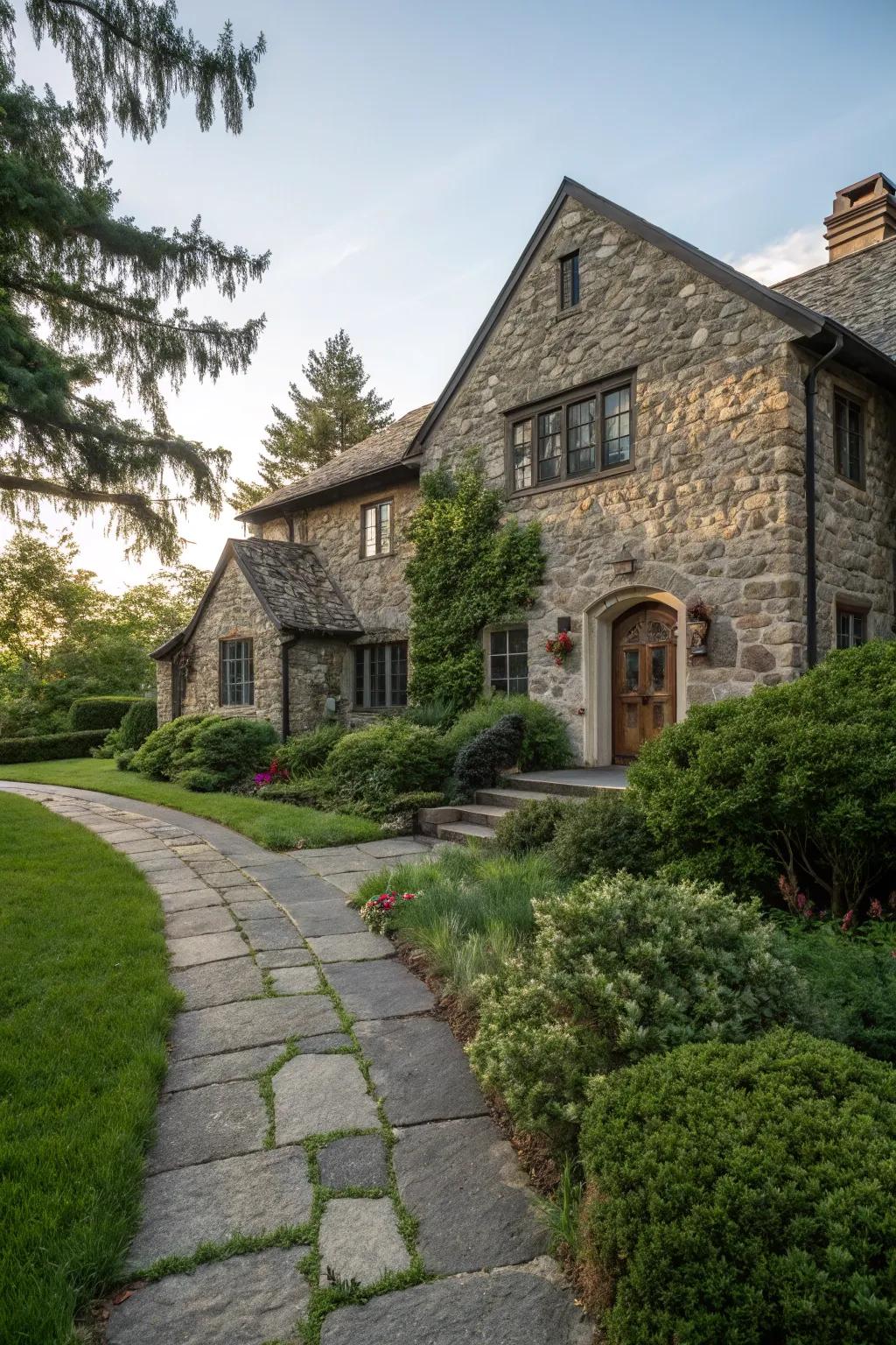 Textured stone walls adding depth to the facade.