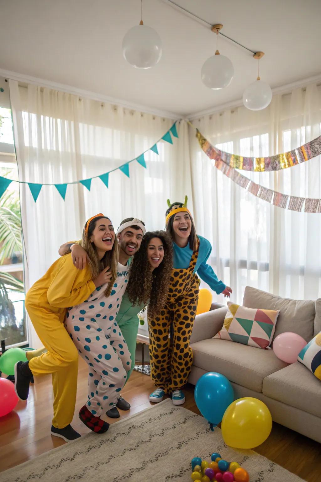 Attendees enjoying a themed outfit request at your housewarming gathering