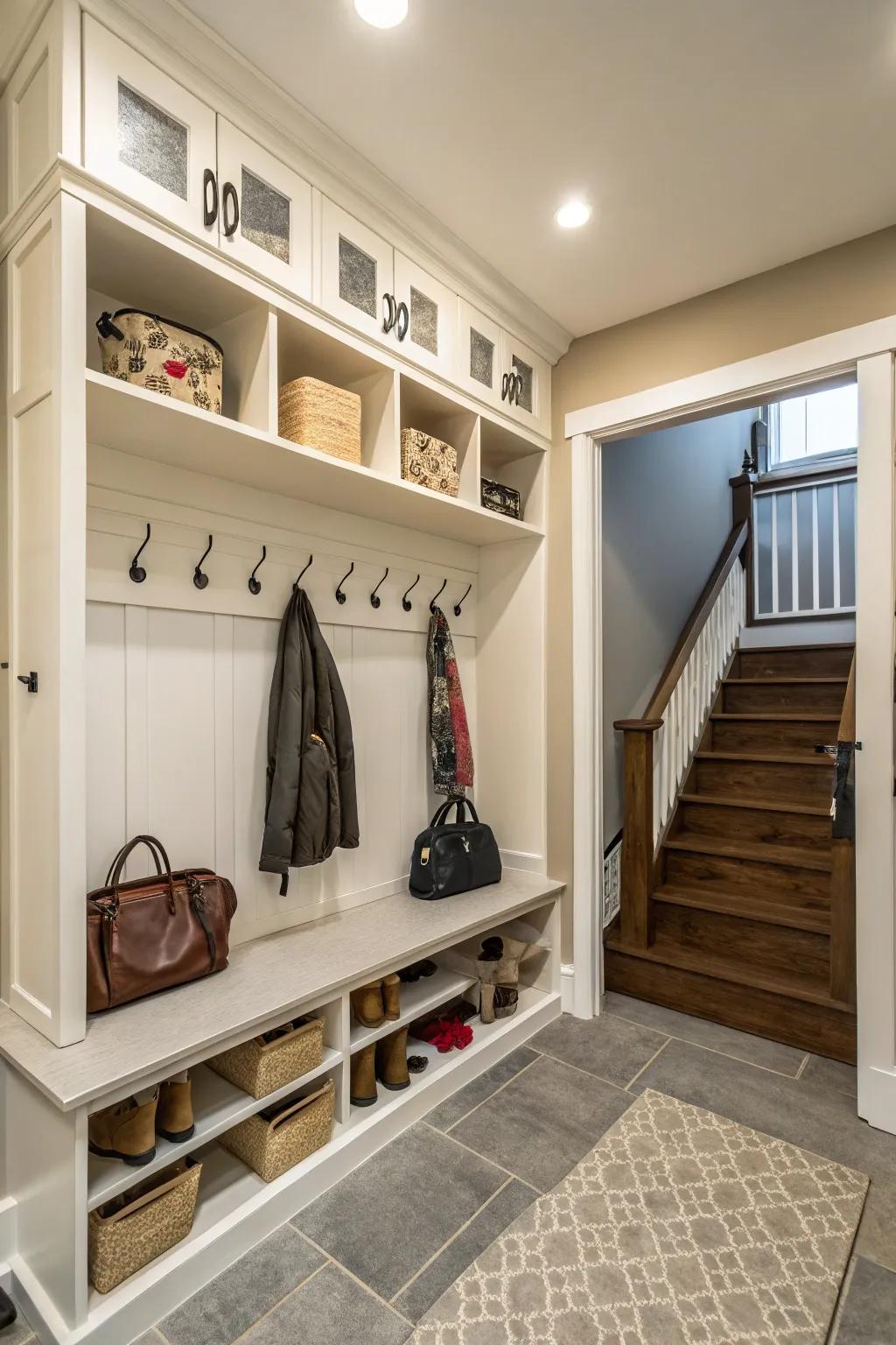 Vertical space is maximized with hooks and shelves for extra function.