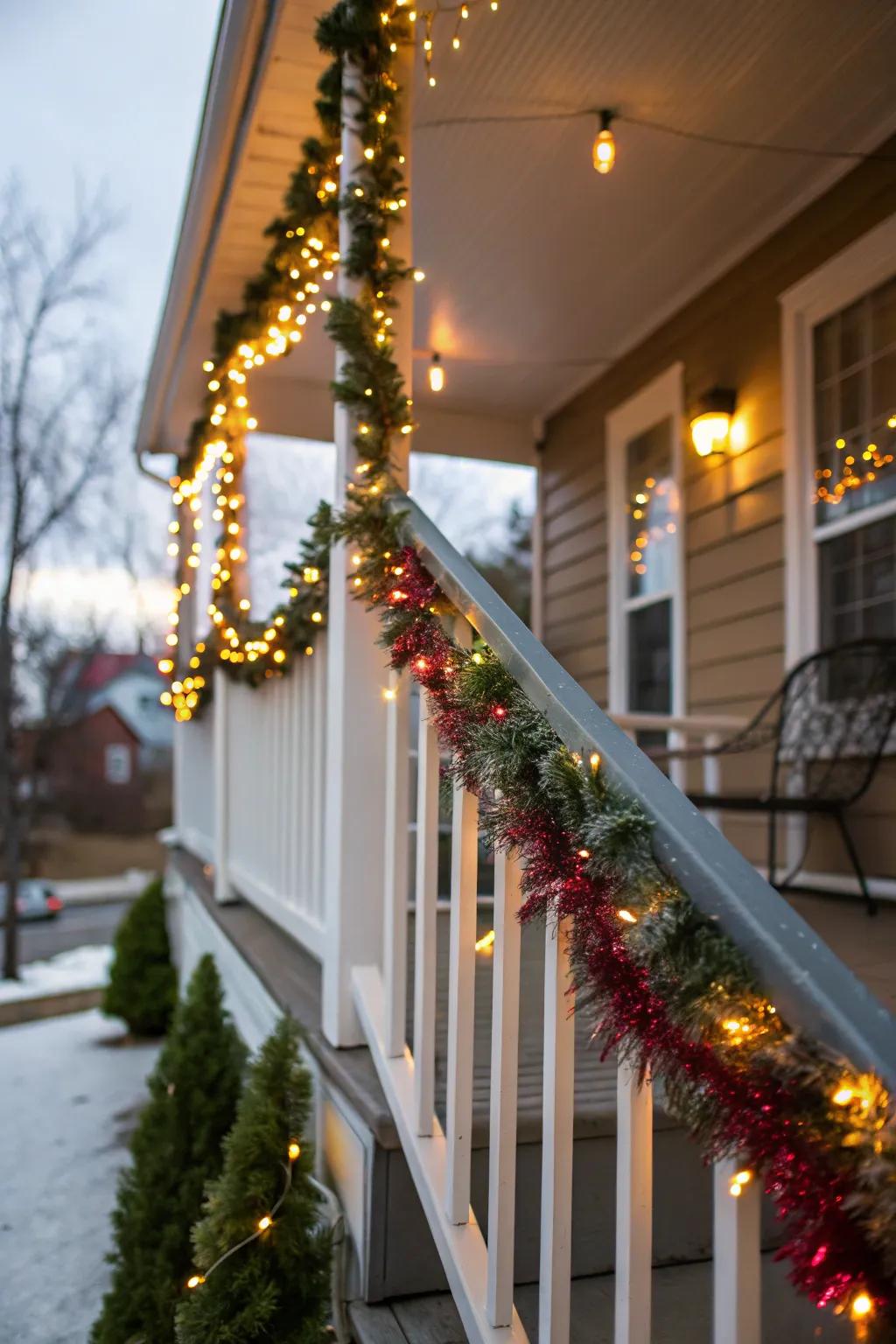A porch with rails exquisitely adorned with glimmer strands.